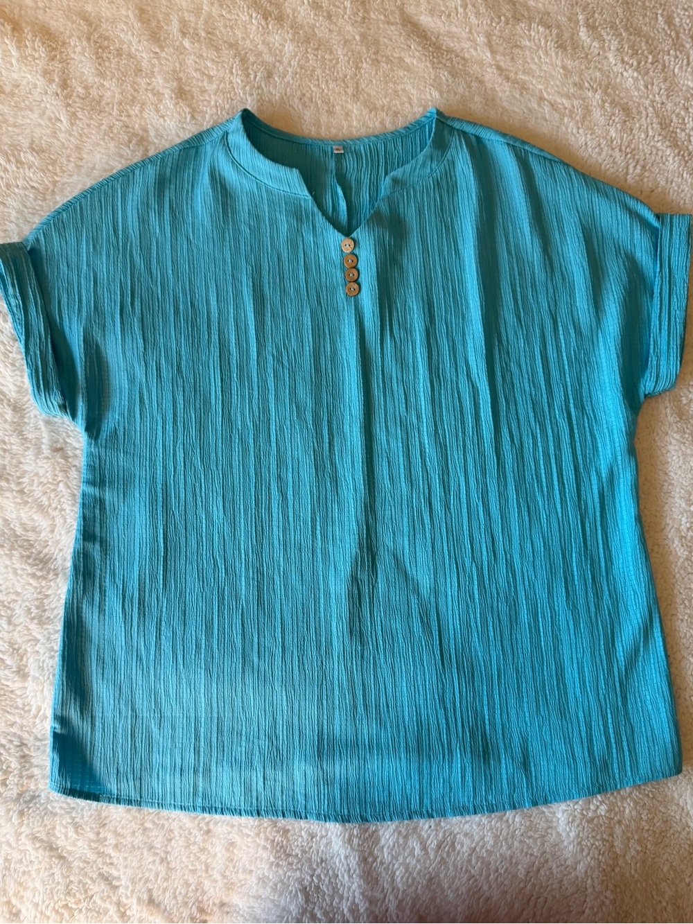 Aqua Blue Breezy Textured Short Sleeve Blouse